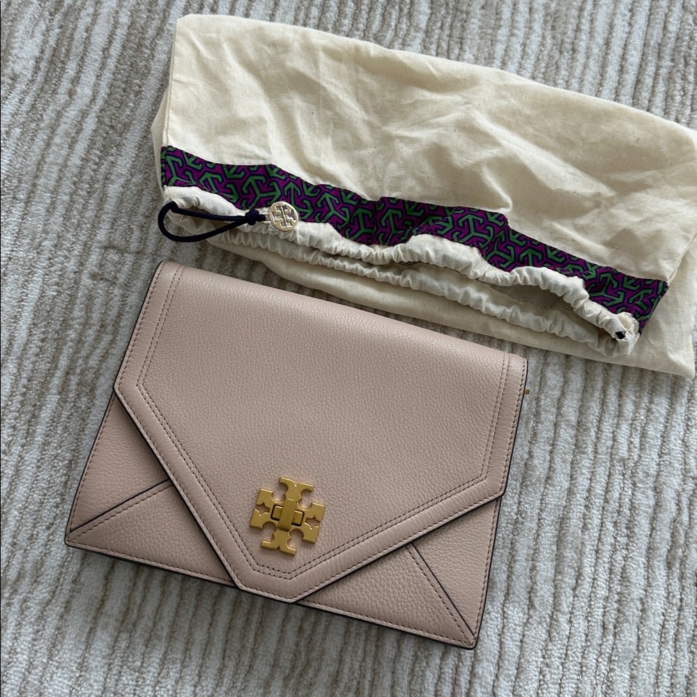 Tory Burch Taupe Leather Envelope Clutch